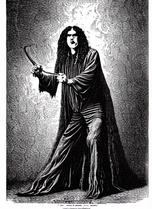 Image similar to illustration of weird al yankovic as a demon from the dictionarre infernal, etching by louis le breton, 1 8 6 9, 1 2 0 0 dpi scan, ultrasharp detail, clean scan