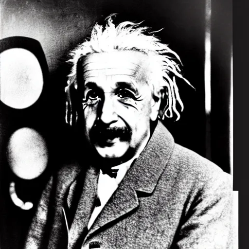 Image similar to color photograph of Albert Einstein DJ at a nightclub, in color, color photograph, colors