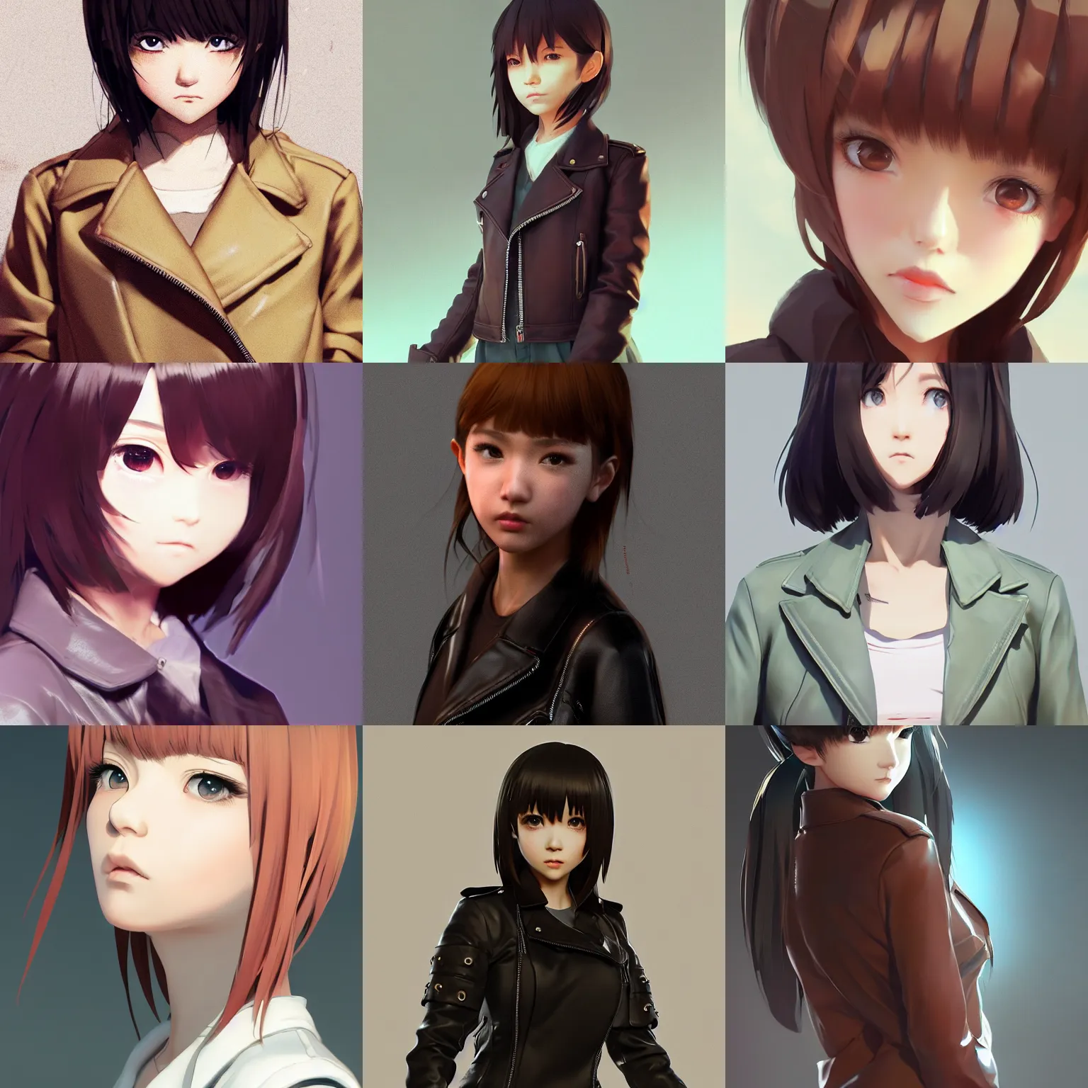 Image similar to clothed, worksafe. cgsociety, by wlop, ilya kuvshinov, krenz cushart, greg rutkowski, trending on artstation. zbrush sculpt, octane, maya, houdini, vfx. close - up face of a cute anime japanese filipino girl wearing leather jacket. cinematic dramatic atmosphere, sharp focus, volumetric lighting.