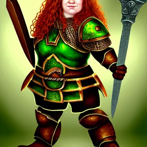 Image similar to dwarven woman, ginger hair, green eyes, holding hammer and shield with plate armour