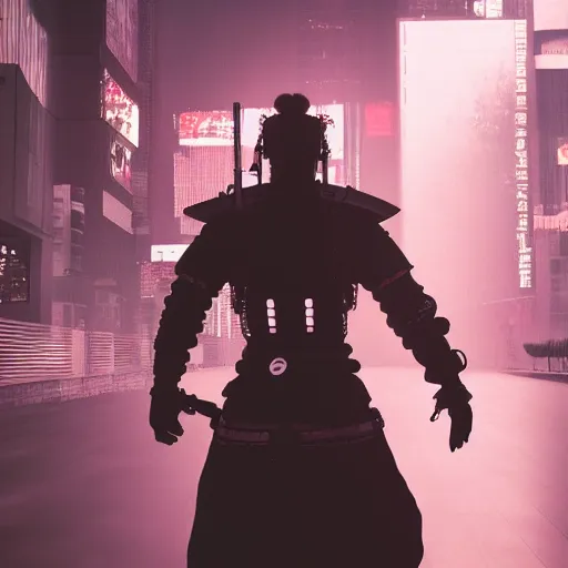 Image similar to cyberpunk samurai in a dytopian future, ultra realistic, fog, raytracing, reflections, rain, octane render