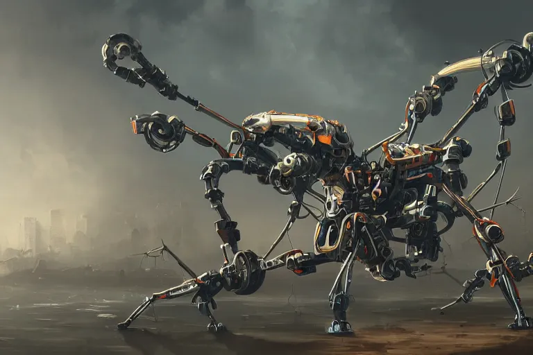 Image similar to a mechanical spider robot with guns digital painting, mixed media, trending on artstation and deviantart, epic composition, highly detailed, 8 k