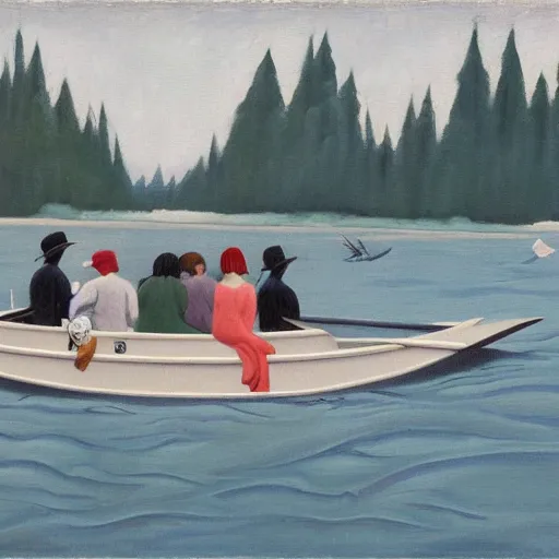 Image similar to by lawren harris monumental, washed - out. the sculpture of a group of well - dressed women & children enjoying a leisurely boat ride on a calm day. the women are chatting & laughing while the children play with a toy boat in the foreground.