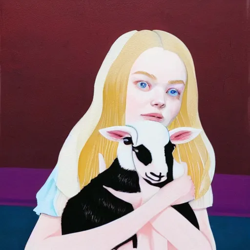 Prompt: Elle Fanning holding a lamb picture by Sachin Teng, asymmetrical, dark vibes, Realistic Painting , Organic painting, Matte Painting, geometric shapes, hard edges, graffiti, street art:2 by Sachin Teng:4