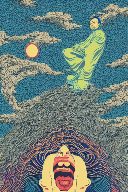 Image similar to a tab of LSD acid on his tongue and surreal psychedelic hallucinations, screenprint by kawase hasui, dali and dan hillier, colorful flat surreal design, hd, 8k, artstation