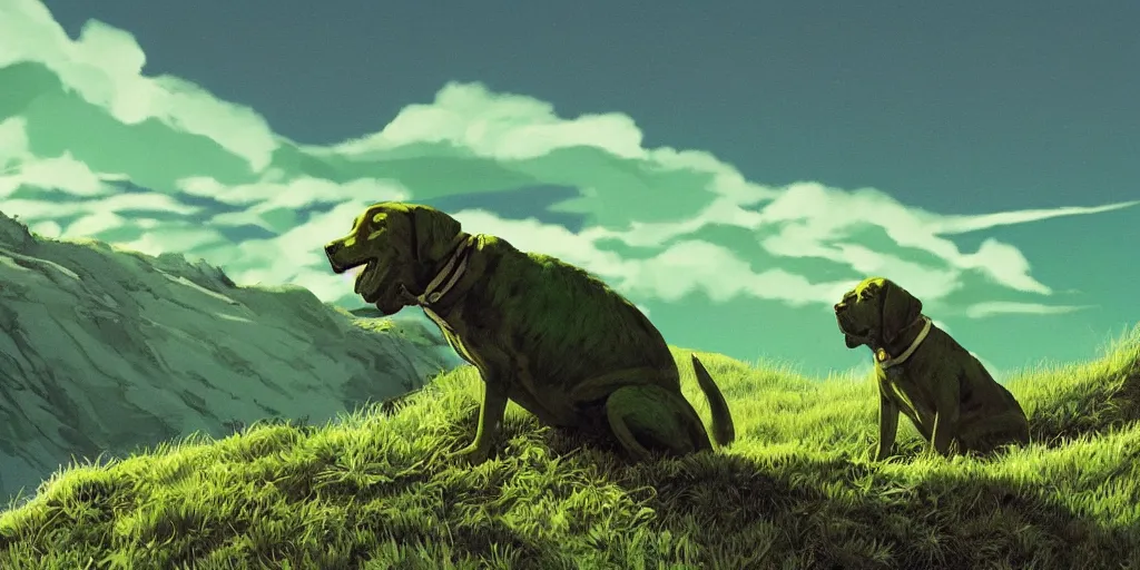 Prompt: hyperrealist, graphic novel illustration of a bulky green alien labrador retriever with shaggy green fur with green dye sitting on a hill as the battle unfolds below, pulp 7 0's sci - fi vibes, 9 0's hannah barbara fantasy animation, cinematic, movie still, studio ghibli masterpiece