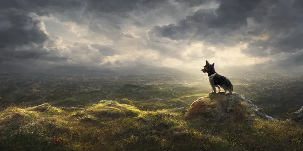 Prompt: breathtaking detailed concept art painting of a dog on the top of a hill, with a beutiful view of a tiny city below the hill, in the style of a childrens book, extremely moody lighting, 8 k