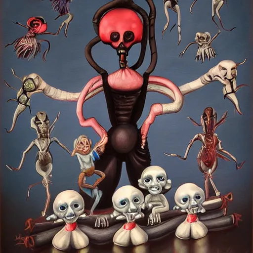 Prompt: beautiful painting of the evil porcelain old puppeteer surrounded by toy ballerinas in the style of Welder Wings and H. R. Giger. Dark background, detailed, trending on Artstation