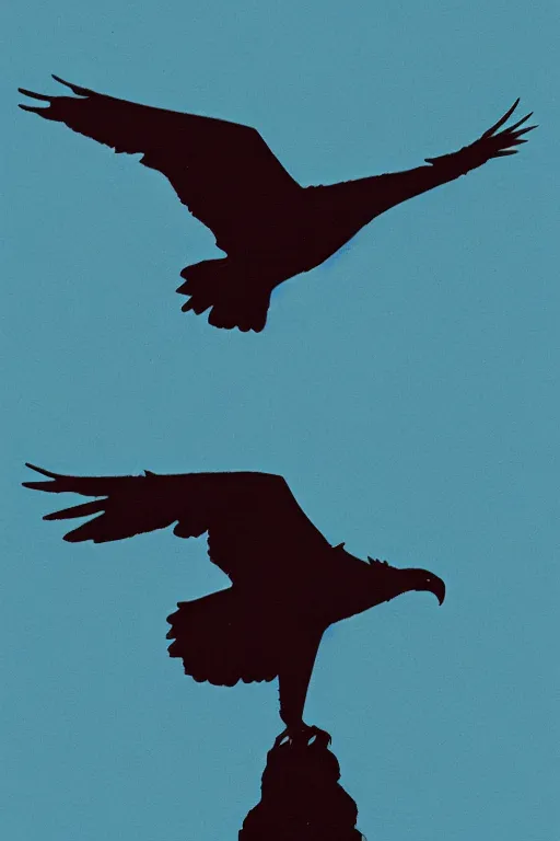 Image similar to silhouette of an eagles talon against the backdrop of the sky and ocean, mid century art