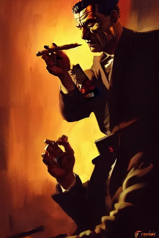 Prompt: A mafia boss lighting a cigar in a cyberpunk setting, by Frank Frazetta, dramatic lighting, high contrast colours, as trending on Artstation, highly detailed,