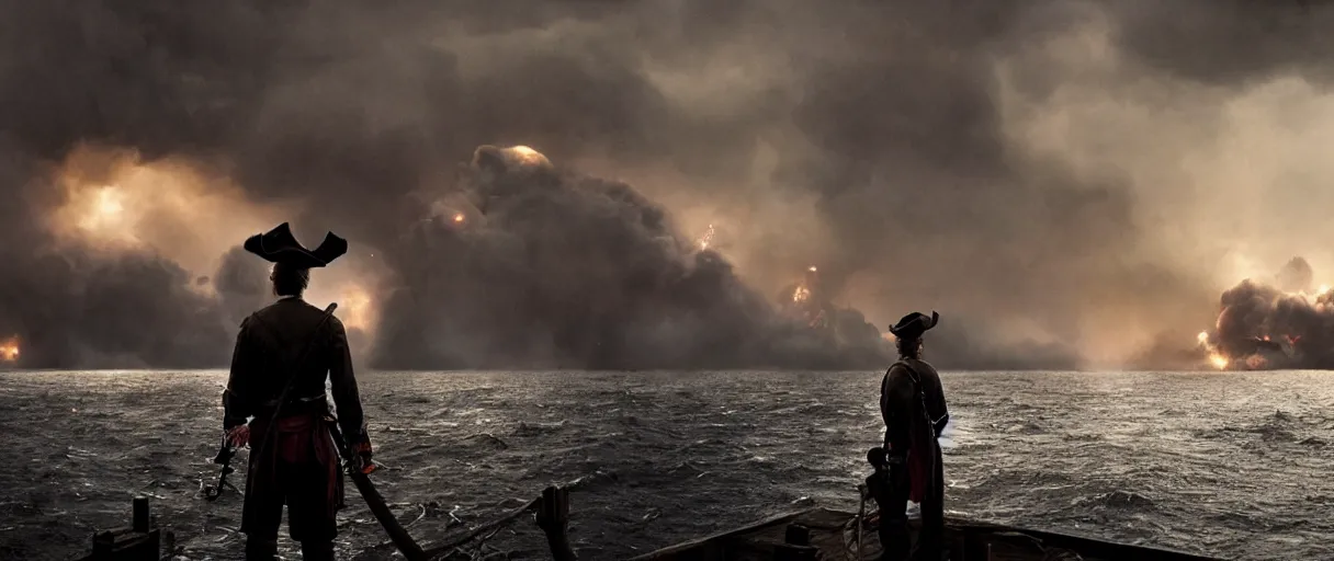 Prompt: a pirate standing on his ship watching big explosions on the sea, beautiful dramatic moody lighting, cinematic atmosphere, high detail, 8k, ornate, dark fantasy, masterpiece, complex, film still from the movie directed by Denis Villeneuve with art direction by Gregory Crewdson, Joel Sternfeld