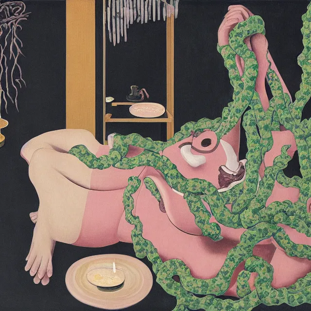 Prompt: a female pathology student in her apartment, wrapped in vines, medical equipment, candles, octopus, japanese tea ceremony, pig, black walls, ikebana, black armchair, sculpture, acrylic on canvas, surrealist, by magritte and monet