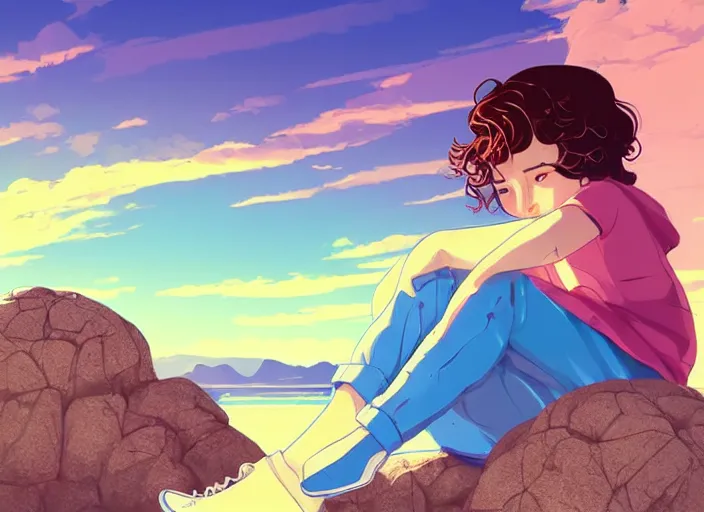 Image similar to little girl with short wavy curly light brown hair sitting on a rock. background pink and blue sunrise sky. clean cel shaded vector art. shutterstock. behance hd by lois van baarle, artgerm, helen huang, by makoto shinkai and ilya kuvshinov, rossdraws, illustration, art by ilya kuvshinov