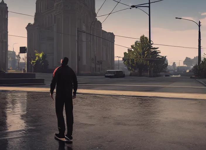 Image similar to cinematic screenshot gta 5, rain, man in adidas tracksuit, churches, buildings, road, moskvich, rtx, volumetric light, 3 d artist, reflections, moscow, soviet apartment buildings, award winning, artstation, intricate details, realistic, hyperdetailed, 8 k resolution
