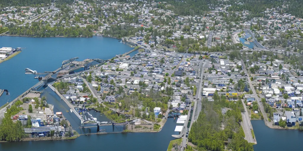 Prompt: bird's eye view of a city, trailer park, a road, bridge, and inlet with docking area.