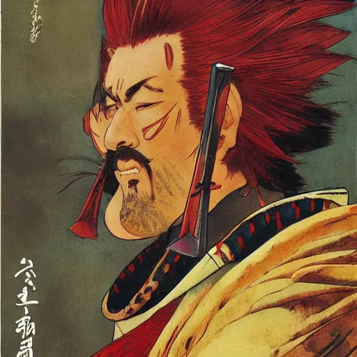 Prompt: Portrait of Yojimbo the Desert Samurai wearing a Red Agate Crest norman rockwell uta natsume mark riddick naoko takeuchi inio asano steve ellis tony szczudlo Ryan Gitter Ilya Repin