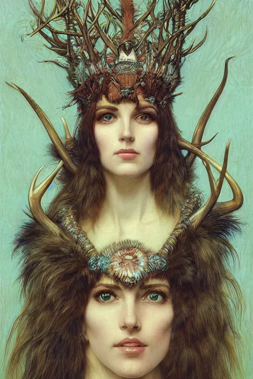 Image similar to a detailed portrait of a green haired brown eyed queen of feathers with an antler crown by wayne barlowe and mucha