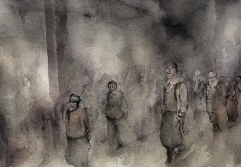 Prompt: jewish prisoners in auschwitz, dark fantasy, watercolor, dreaming illusion, highly detailed, 4 k, trending on artstation, award - winning