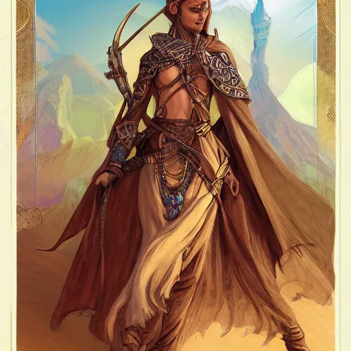 Prompt: Emeth the elven desert bandit. Arabian style. Epic portrait by james gurney and Alfonso mucha (lotr, witcher 3, dnd, dragon age, gladiator, scoia'tael). Trending on artstationHQ.