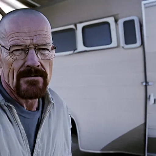 Image similar to film still of walter white carrying a bodybag into an old rv on the tv show breaking bad, cinematic, 4k