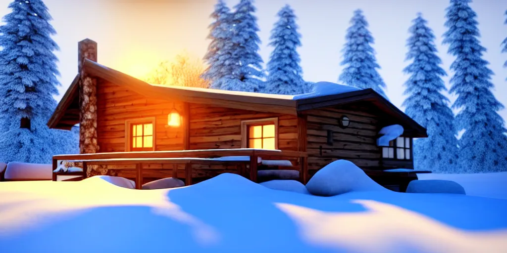 Image similar to a cozy little house in the woods, snowy mountains in the background relaxing, 3 d concept art by phillip urlich, chill, relaxing, peaceful, sunset, extremely detailed art, unreal engine 5, hyper realism