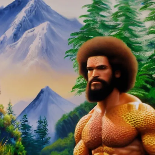 Image similar to a closeup photorealistic photograph of bob ross working on a canvas painting of aquaman. film still. brightly lit scene. mountains and trees. this 4 k hd image is trending on artstation, featured on behance, well - rendered, extra crisp, features intricate detail, epic composition and the style of unreal engine.