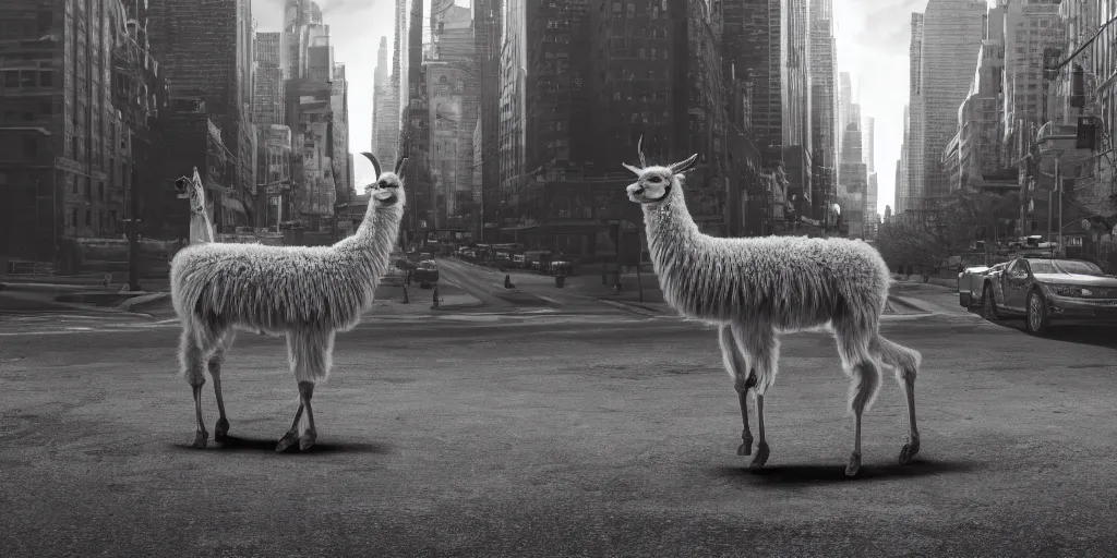 Image similar to a llama walking through a desolate manhattan city street at night, statue of liberty seen in the background, realistic 4 k octane beautifully detailed render, 4 k post - processing, highly detailed, detailed face, intricate complexity, epic composition, magical atmosphere, cinematic lighting, masterpiece, ultra hd