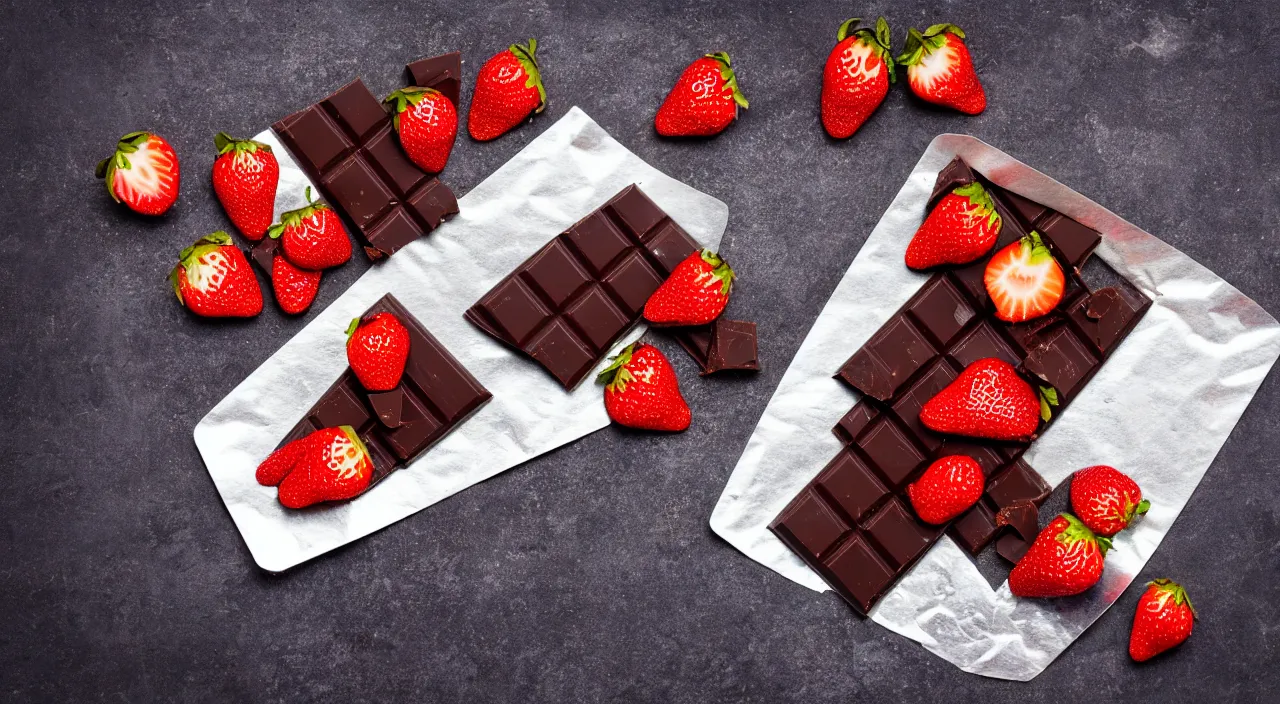 Prompt: A gourmet dark chocolate bar with a piece broken off, on an opened silver wrapper, next to sliced strawberries, on a wooden tray, macro lens product photo