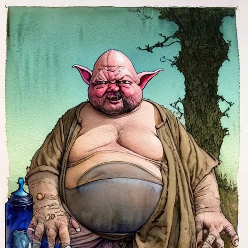 Prompt: a realistic and atmospheric watercolour fantasy character concept art portrait of a fat sleazy homeless yoda wearing a wife beater drinking out of a broken bottle, by rebecca guay, michael kaluta, charles vess and jean moebius giraud