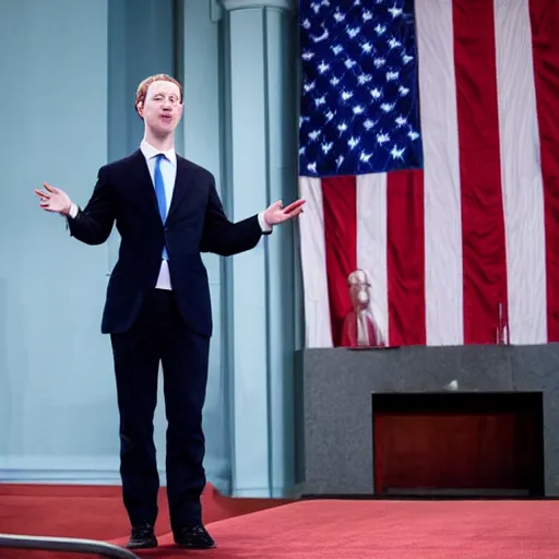 Image similar to mark zuckerberg as the president of the united states, standing at a podium, looking confident, professional portrait photo