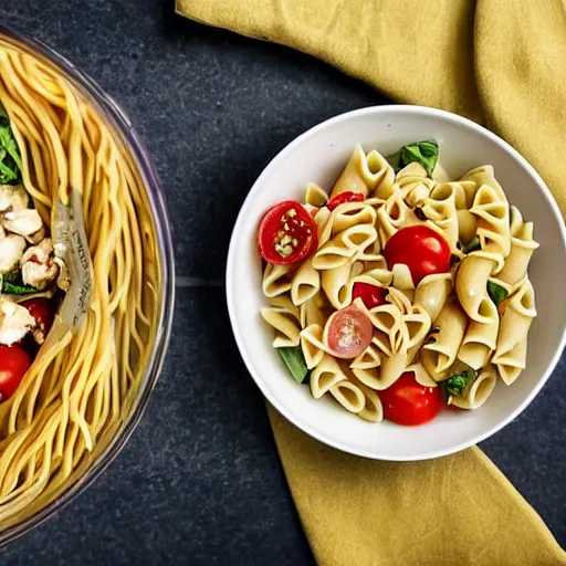 Image similar to a bunch of random food in a bowl to make some kind of pasta salad, half empty pint of beer, realistic lighting, realistic reflections