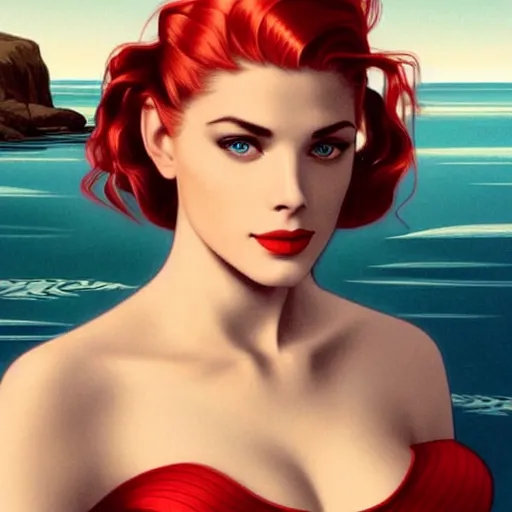 Image similar to A combination of Grace Kelly's and Katheryn Winnick's and Ashley Greene's faces with red hair as a mermaid half submerged on the beach, western, fantasy, intricate, elegant, highly detailed, digital painting, artstation, concept art, matte, sharp focus, illustration, art by Artgerm and Greg Rutkowski and Alphonse Mucha