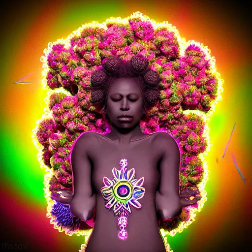 Image similar to symmetry!!, an african marijuanna shaman with an afro made of flowers, third eye art art by machina infinitum, complexity from simplicity, rendered in octane, mandelbulb 3 d, ambient occlusion, macro photography, felt!!! texture, tribal, neon! retrowave