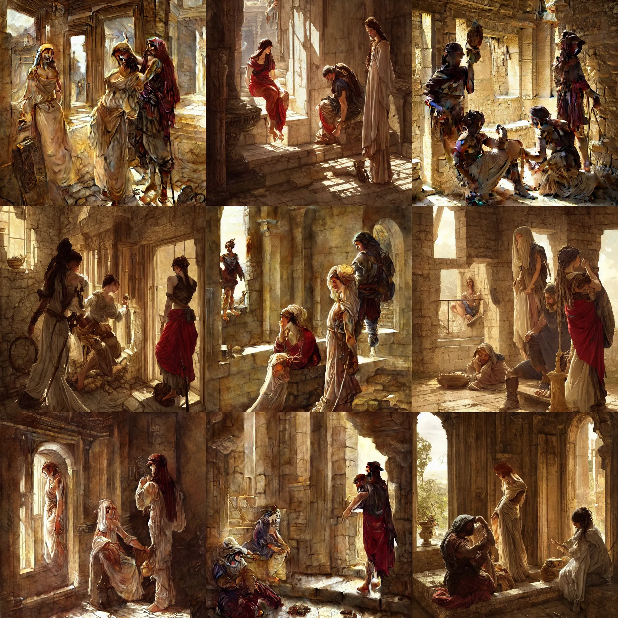 Prompt: two tramps in roman interior, emotional sad painting, very poor, medieval peasants, fantasy, cruel, dramatic lighting, intricate, wild, highly detailed, digital painting, artstation, concept art, smooth, sharp focus, illustration, art by artgerm and greg rutkowski and alphonse mucha