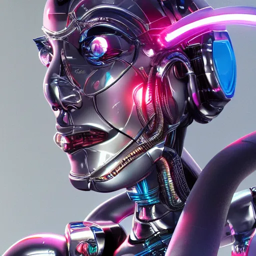 Prompt: chrome robot woman body and head with many cables, extremely detailed digital painting, in the style of Fenghua Zhong and Yoshitaka Amano, mystical colors, rim light, beautiful lighting, 8k, stunning scene, raytracing, octane, trending on artstation