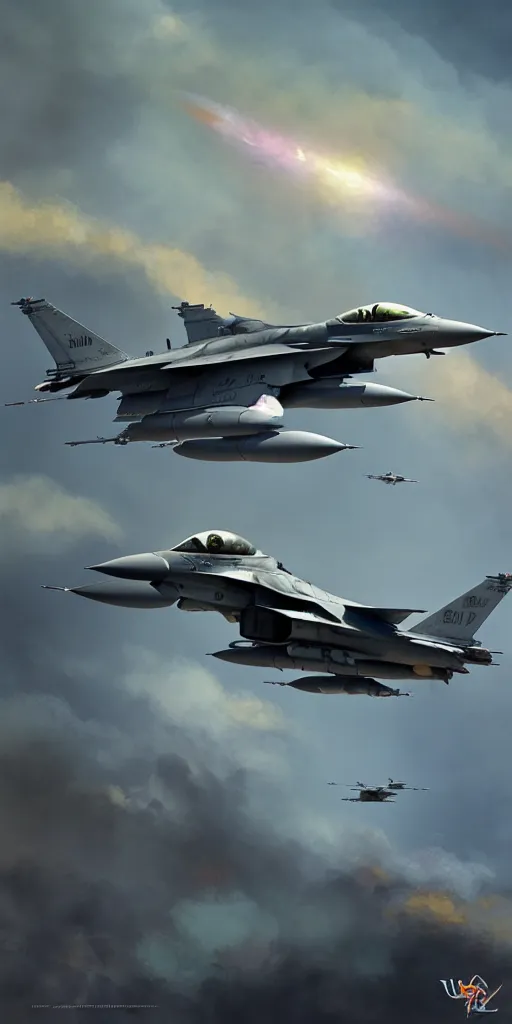 Image similar to f - 1 6 flyby in the style of greg rutkowski and wlop, and lisa frank, and bob ross, and ruan jia, illustration, epic, military aviation, hyper detailed, smooth, unreal engine, sharp focus, ray tracing