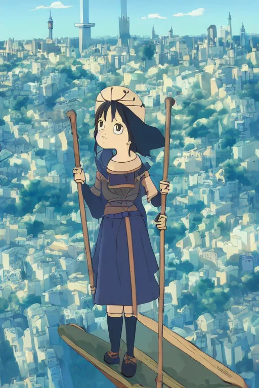 Image similar to A girl on a broomstick flying over the city sky at afternoon ,Medieval Cities ,Eye-catching blue accents,by studio ghibli,Interaction of Color, graphic design