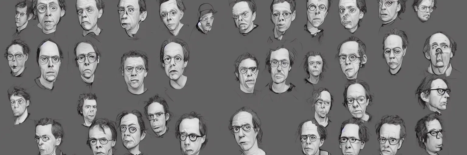 Prompt: character study of todd solondz and steve buscemi and charlie kaufman, 2 0 2 2, clear faces, emotional, character sheet, fine details, concept design, contrast, kim jung gi, pixar and da vinci, trending on artstation, 8 k, full body and head, turnaround, front view, back view, ultra wide angle