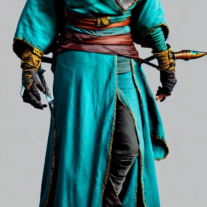 Prompt: photograph of a real-life beautiful rogue with ornate teal robes and daggers. Extremely detailed. 8k