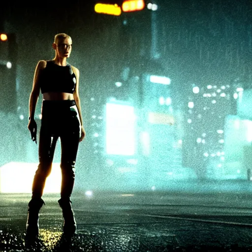 Image similar to anna paquin starring in a cyberpunk movie in a distopic futuristic city in the style of bladerunner, wearing a cropped black tank top, mini shorts and black boots, firing a gun, muzzle flash, movie still, highly detailed, rainy night, volumetric lights, studio lighting, dramatic, scifi, sharp focus