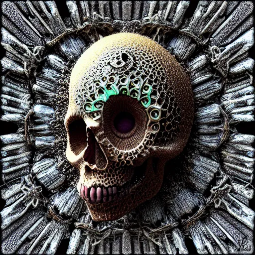 Prompt: fractal skull afro third eye art art by machina infinitum, infinite intricacy, rendered in octane, mandelbulb 3 d, ambient occlusion, macro photography