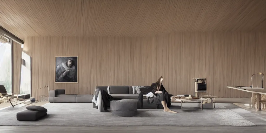 Prompt: beautiful oil matte portrait painting, modern living room with wood paneling and concrete walls designed by zaha hadid, wonderful masterpiece, highly detailed, beautiful cinematic light, deep focus, elegant, digital painting, smooth, sharp focus, golden ratio, dramatic illumination, ultra realistic, 8 k, art by artemisia lomi gentileschi and caravaggio