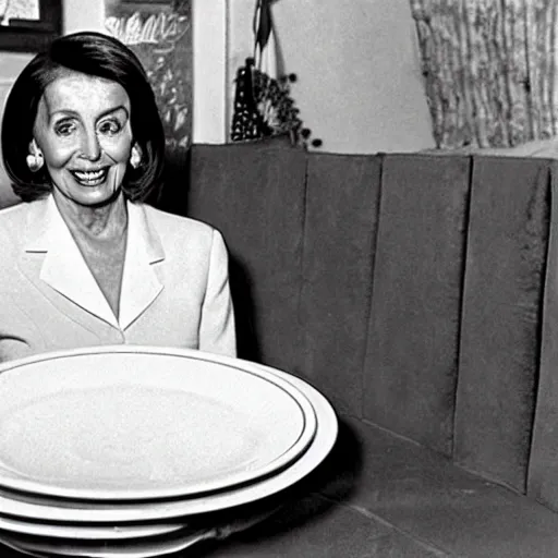 Image similar to a photograph of nancy pelosi wearing an army uniform while eating a large plate filled with scrambled eggs