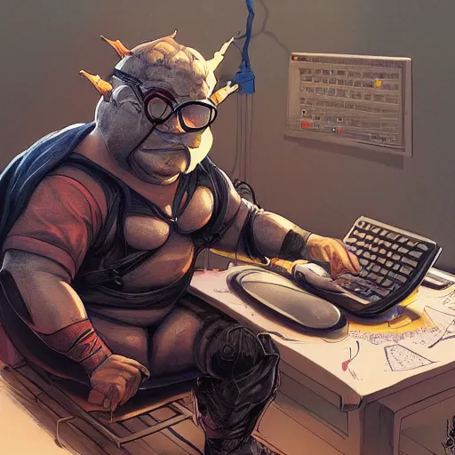 Image similar to an insanely detailed painting of a chubby nerdy asian man wearing a homemade superhero costume and mask, sitting at a computer desk typing on the keyboard, in the style of peter mohrbacher, dramatic lighting and composition, trending on artstation, concept art, comic book, graphic novel, back view