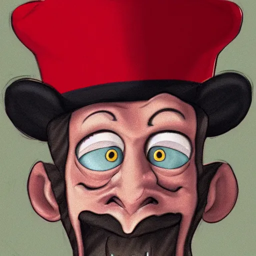 Image similar to A portrait of an evil sorecerer with a red hat, cartoon style, high detail, 8k