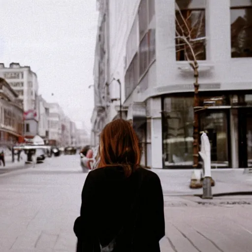 Image similar to film still of a woman drinking coffe, walking to work, long shot, wide shot, full shot