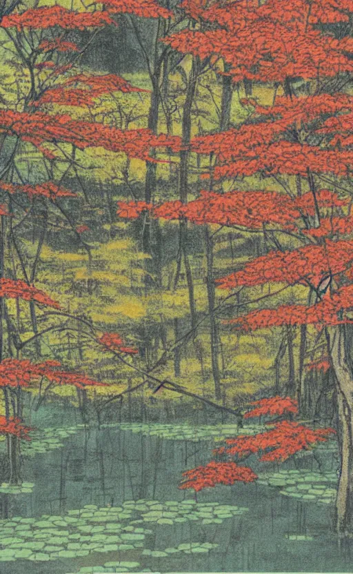 Prompt: by akio watanabe, manga art, maple forest next to pond, fall season, trading card front