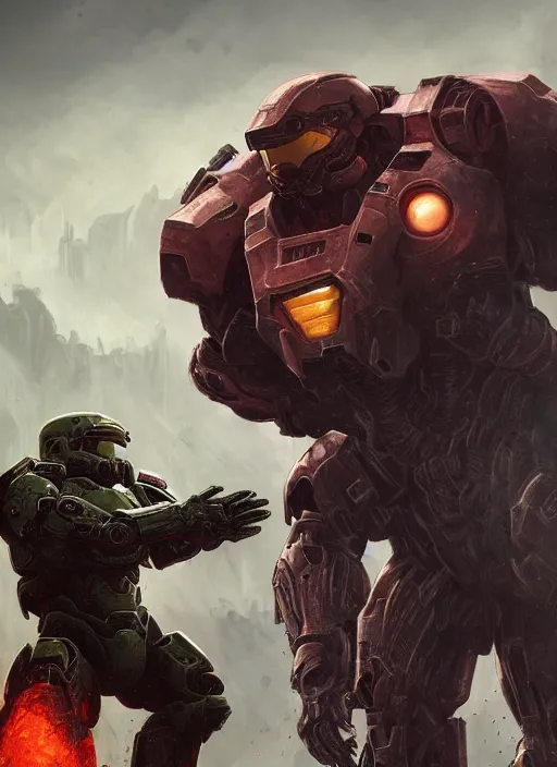 Image similar to epic battle!! doom slayer vs master chief by oleg bulakh