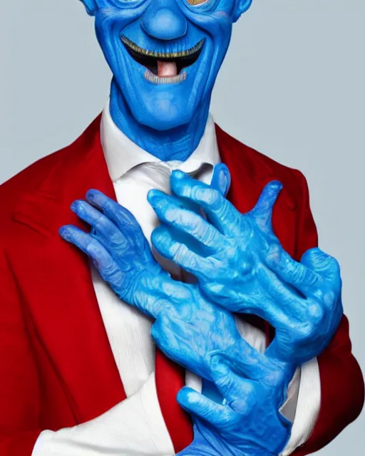 Image similar to David Letterman as Pappa Smurf in Elaborate Rick Baker Makeup Prosthetics for live action remake of The Smurfs, Studio Lighting, Highly detailed, Trending on Artstation, Studio Lighting Photographed in the Style of Annie Leibovitz