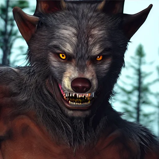 Image similar to hyper realistic werewolf hidden in the dark. higly detailed. deep dark cabin in the woods. unreal engine 5